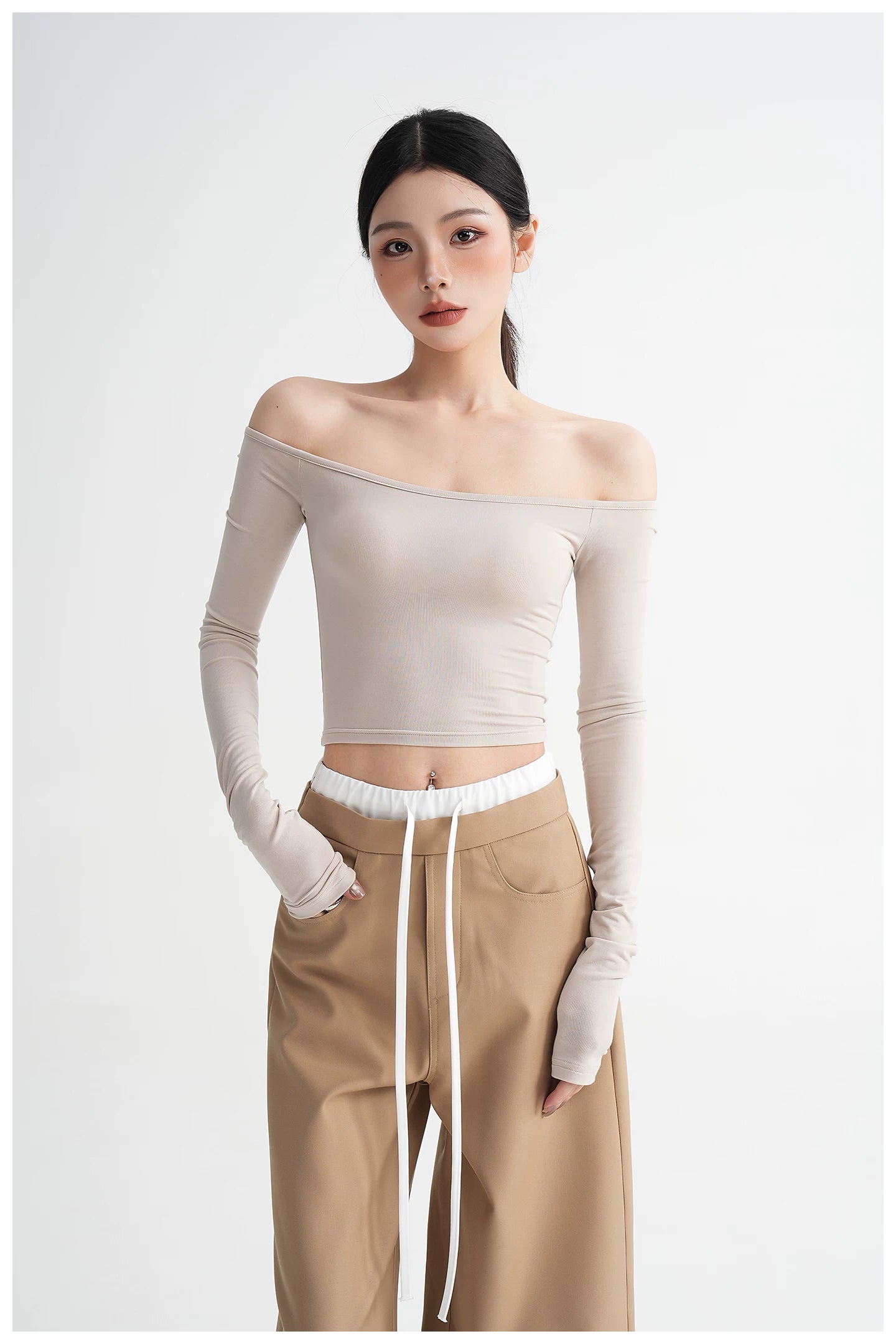 Off-Shoulder Cropped Fitted Long Sleeve T-Shirt