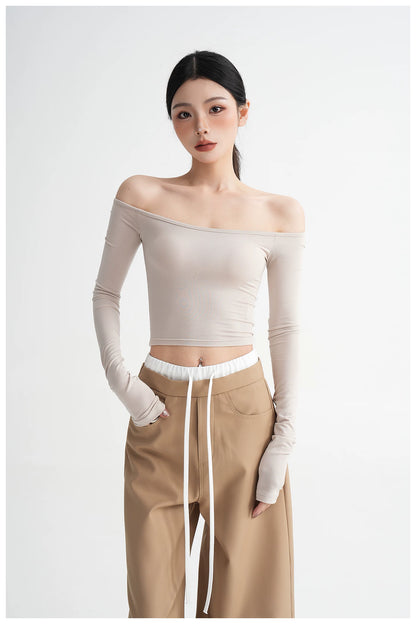 Off-Shoulder Cropped Fitted Long Sleeve T-Shirt