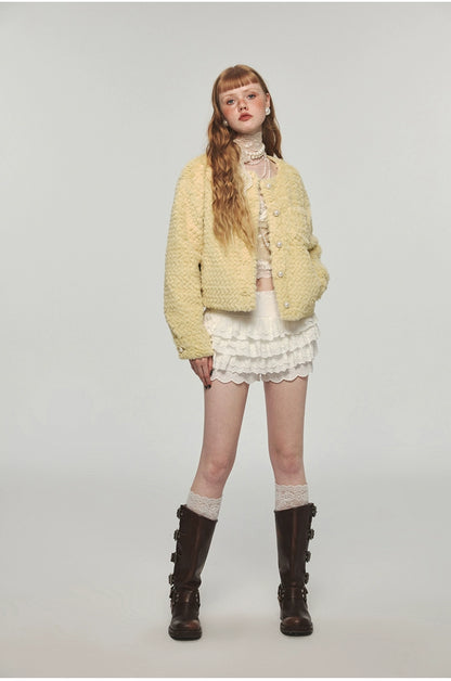 Yellow Faux Fur Casual Crop Coat - CHINASQUAD