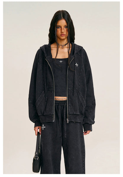 Washed Wide-Fit Zip-up Hoodie