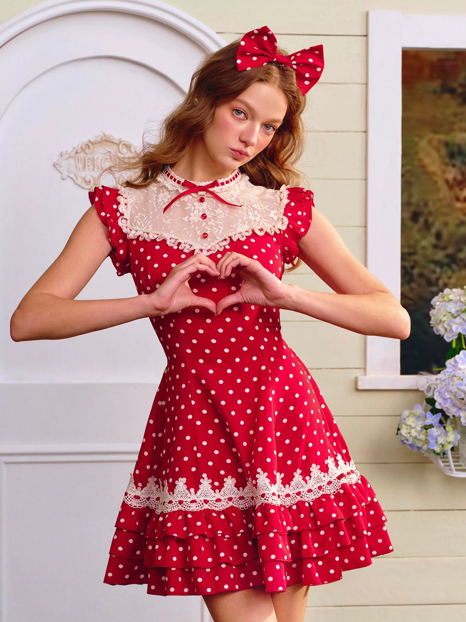 LaceMade Red Sweet Collegiate Polka Dot Lace Dress Long Style / S LaceMade Red Sweet Collegiate Polka Dot Lace Dress Long Style / S
