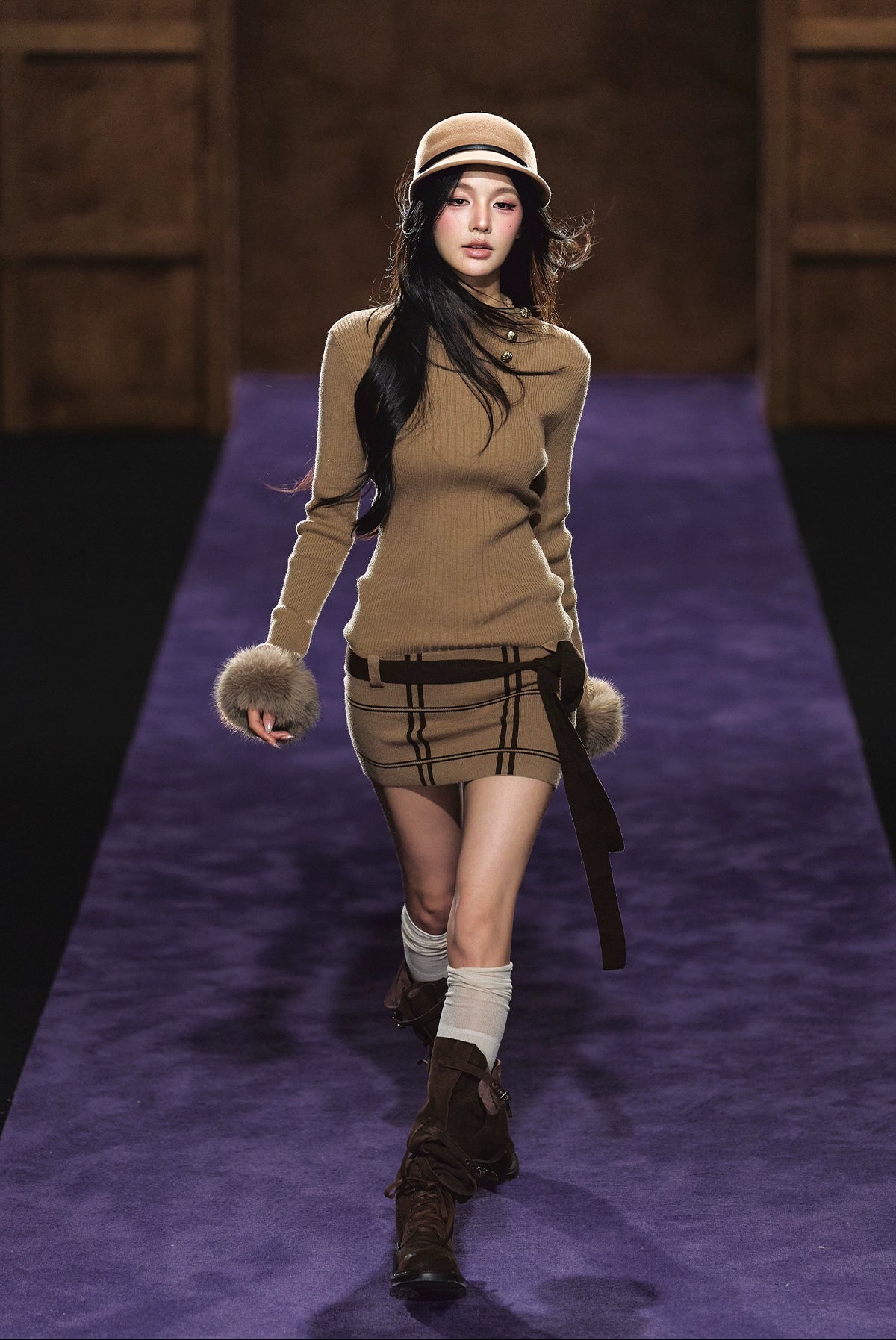 Faux Fur Cuff High-Neck Knit Dress