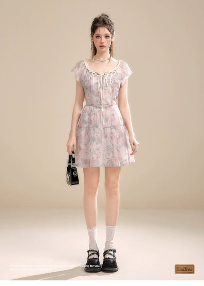 Pink Floral U-neck Lace Trim Dress