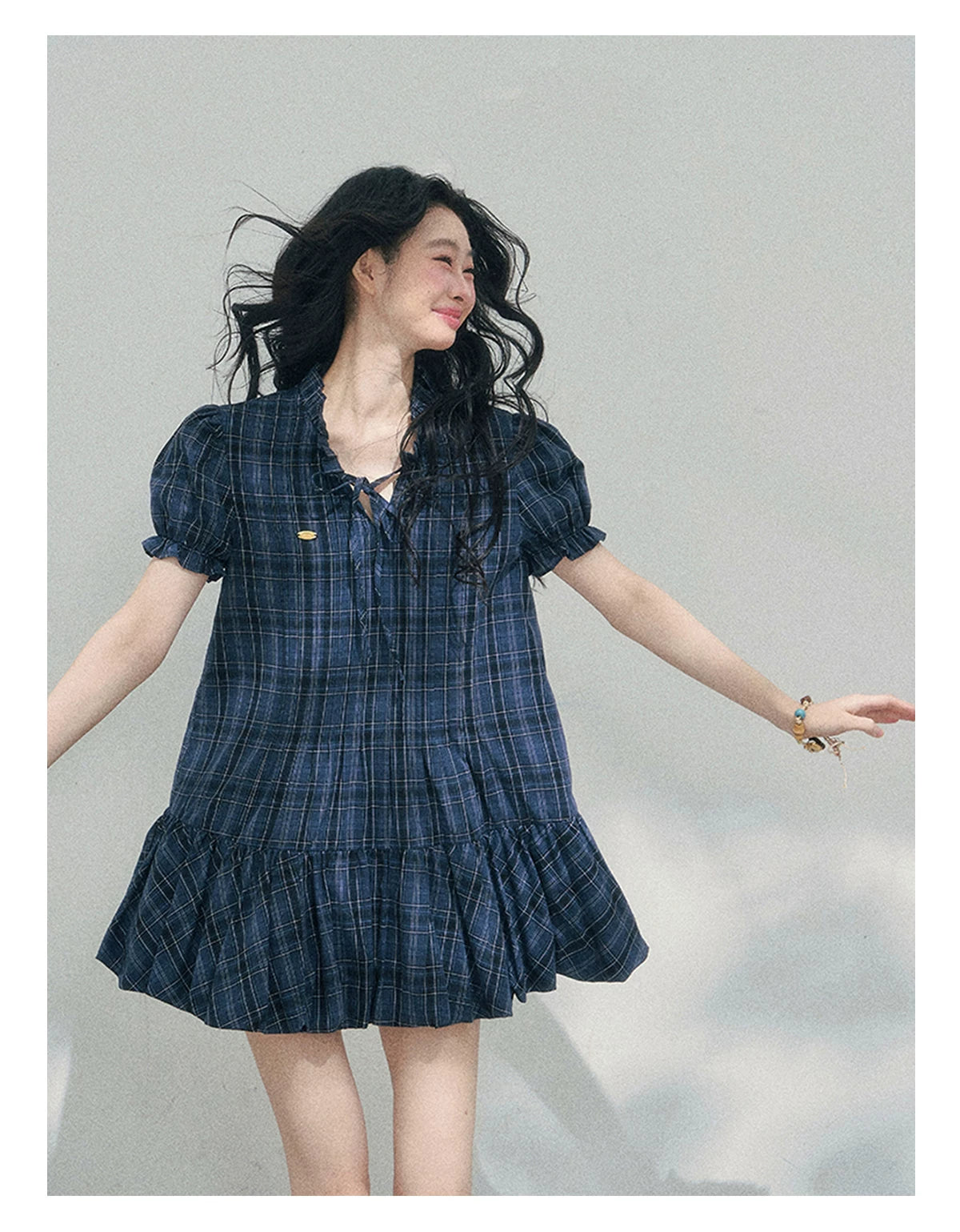Soft Pleated Puff-Sleeve Mini Dress
