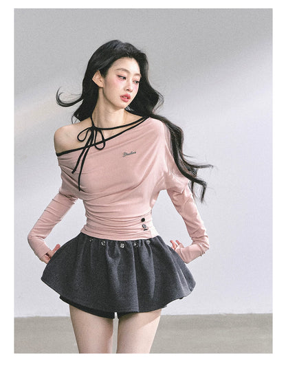 Off-Shoulder Halter Long-Sleeve T-Shirt