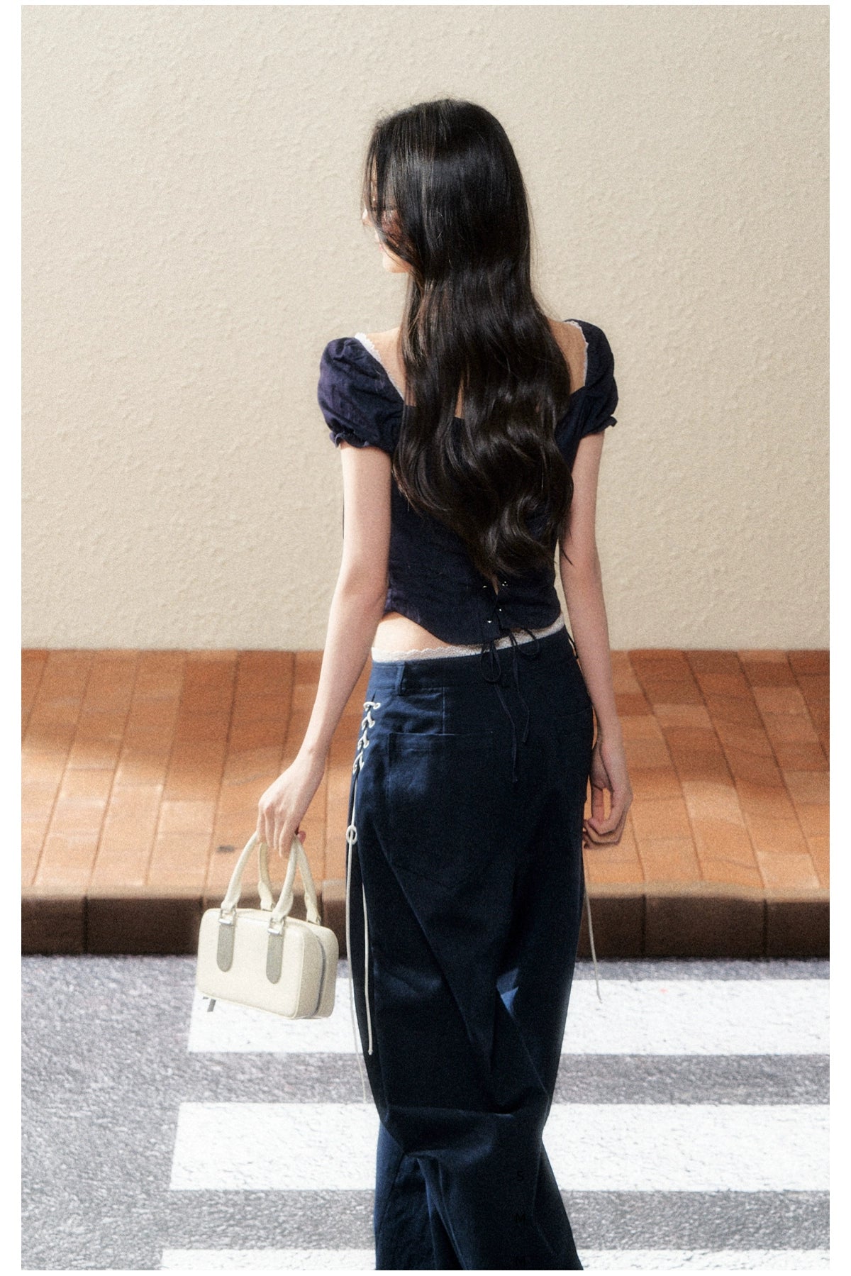 Midnight Square-Neck Puff Sleeve Crop Blouse - CHINASQUAD