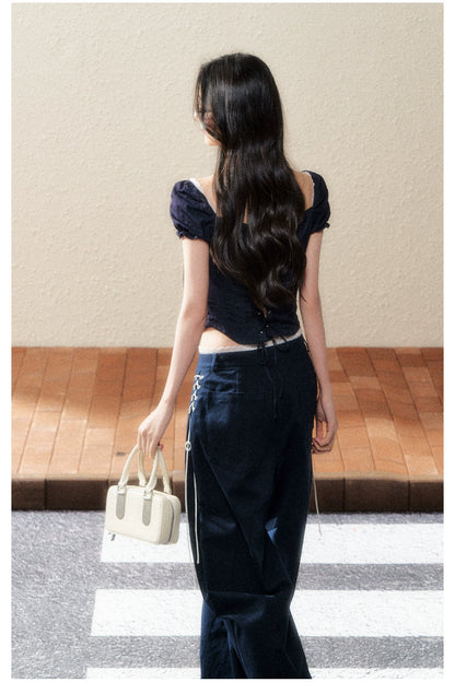 Midnight Square-Neck Puff Sleeve Crop Blouse - CHINASQUAD