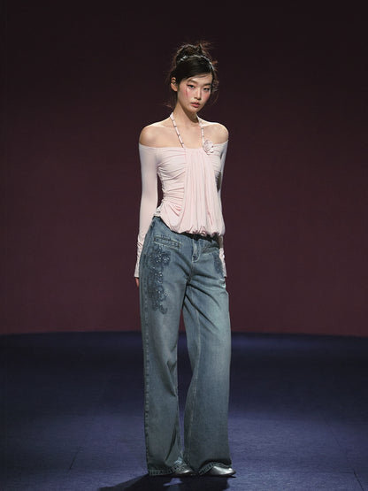Beaded Embroidery Wide-Leg Straight Jeans - CHINASQUAD