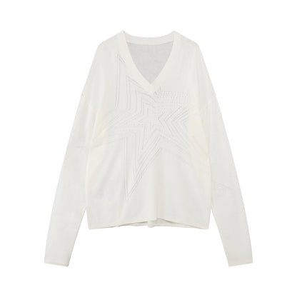 Cotton Hollow Star V-Neck Knit Cardigan