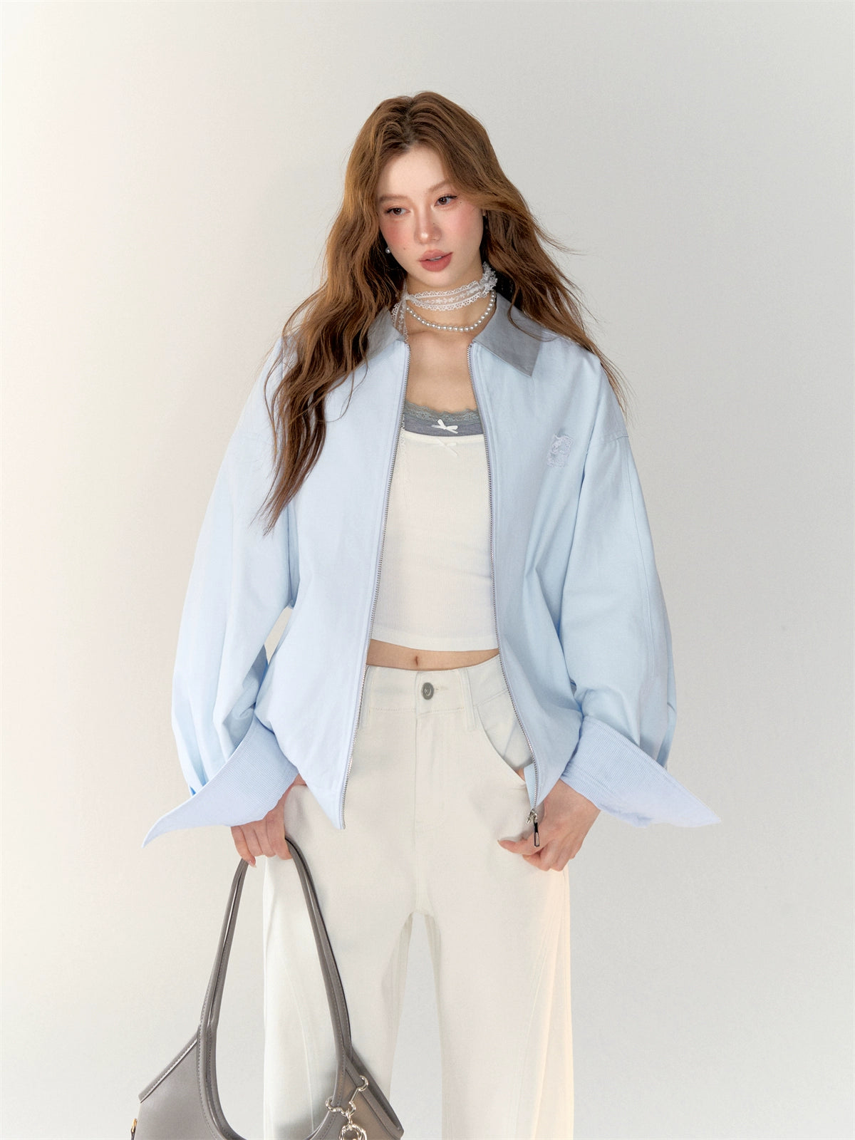 Light Blue Collar Color-block Workwear Jacket