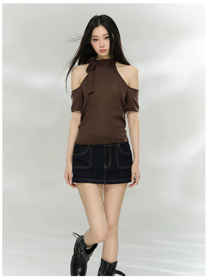 Off-Shoulder Patchwork Knit Cropped T-Shirt