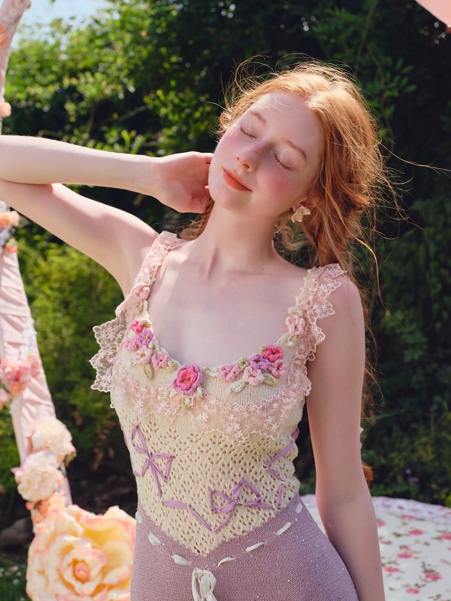 Vintage Crochet-Detail Purple Knit Slip Dress