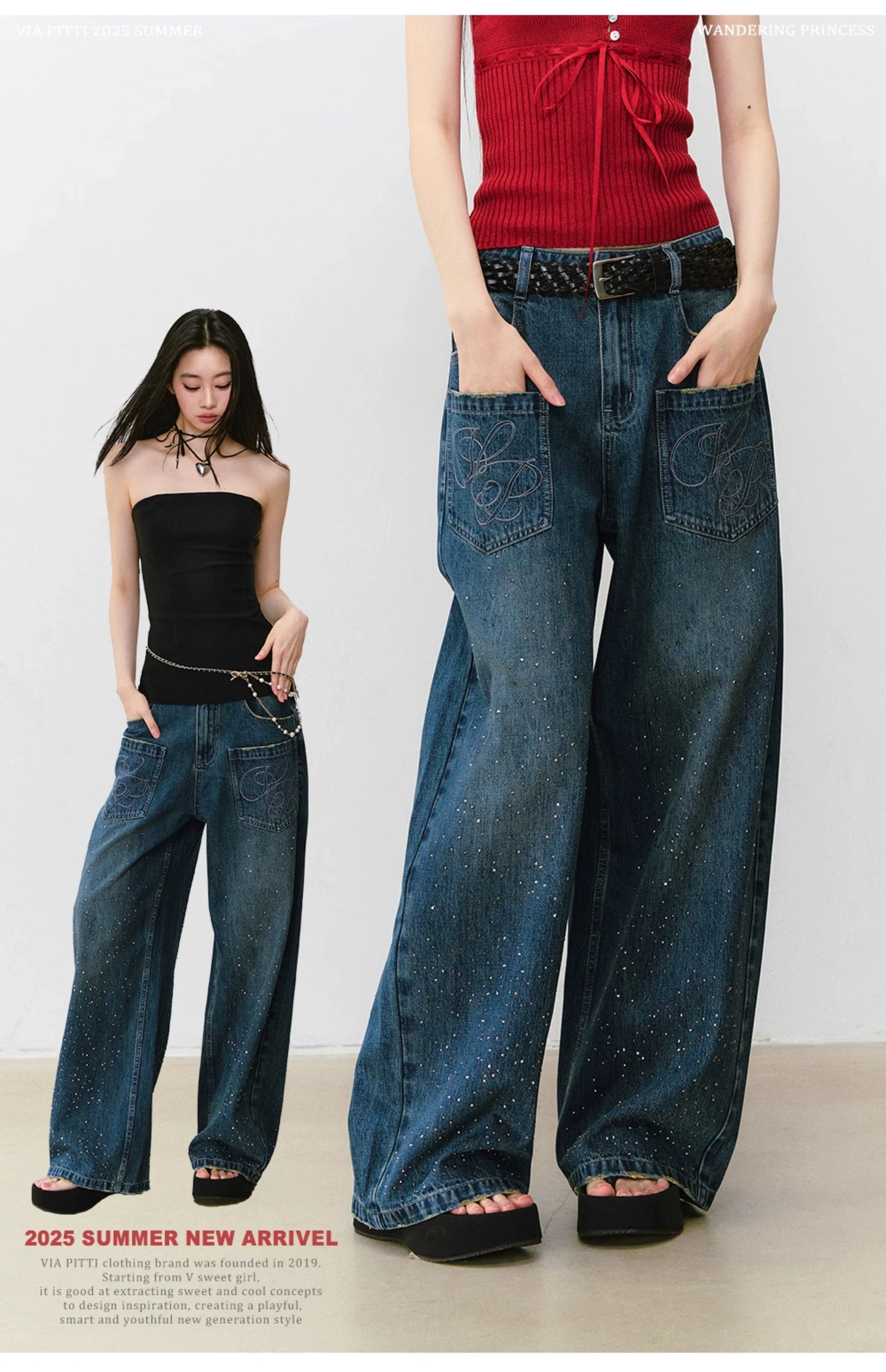 3D Rhinestone Wide - leg Denim Pants - CHINASQUAD