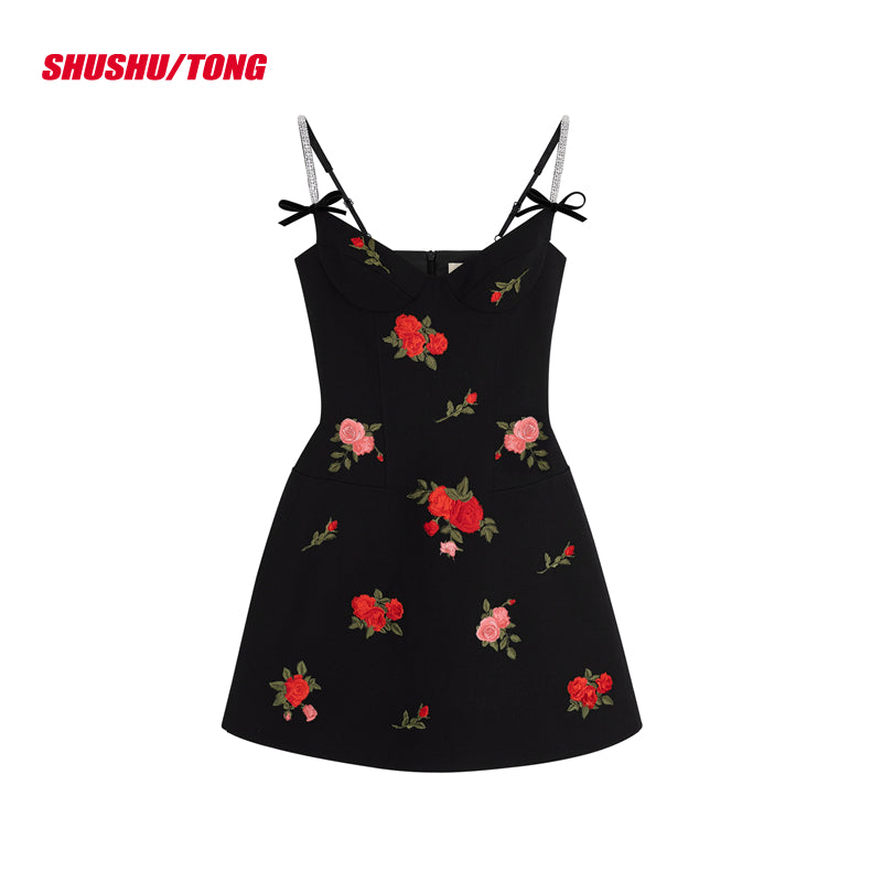 Black Rose Embroidery Mini Dress - CHINASQUAD