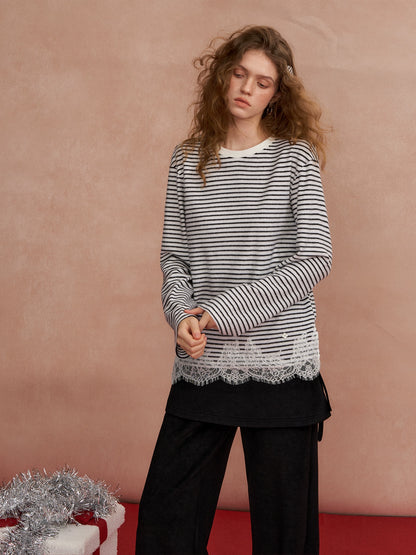 Lace-Panel Fuzzy Ribbed Long-Sleeve Tee