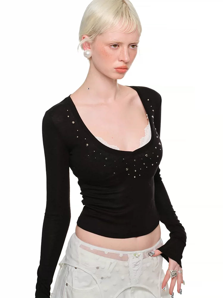 Deep V-Neck Studded Rhinestone Top
