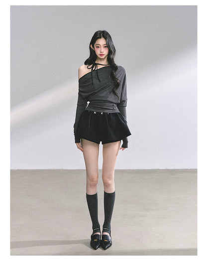 Off-Shoulder Halter Long-Sleeve T-Shirt