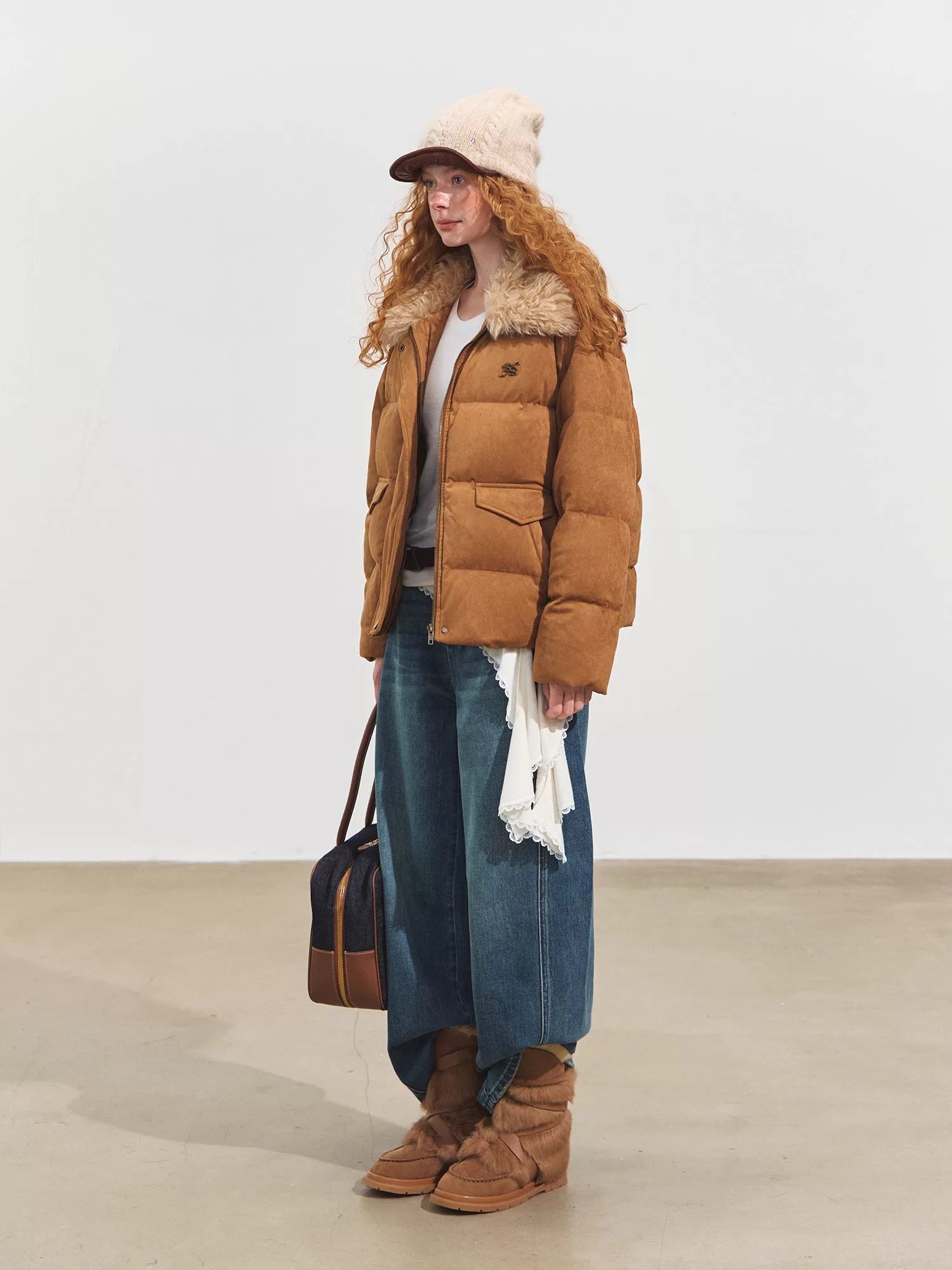 Faux Fur Collar Suede-Panel Down Jacket