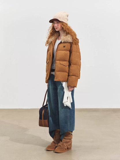 Faux Fur Collar Suede-Panel Down Jacket