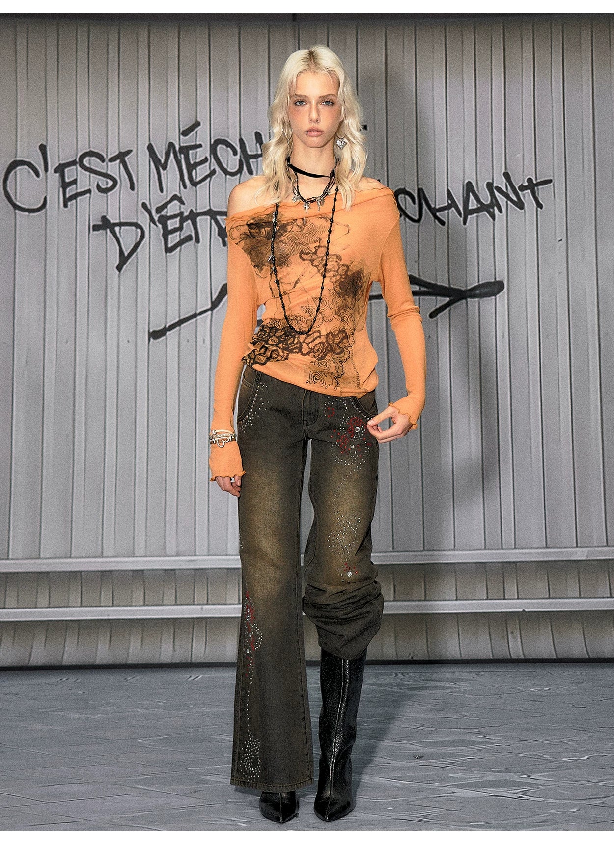 Lyocell Off-Shoulder Knit Crewneck