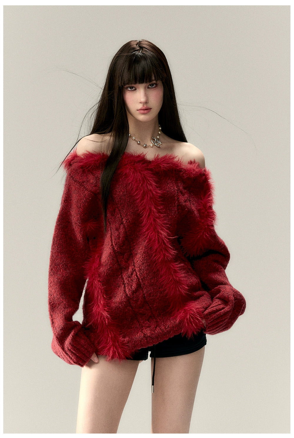 Off-Shoulder Patchwork Cable Knit Sweater