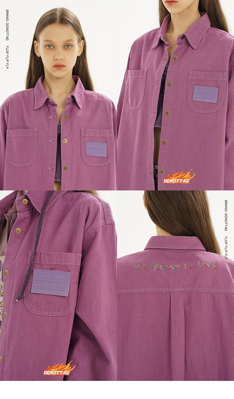 Purple &amp; Green Metal Button Pocket Denim Shirt - CHINASQUAD