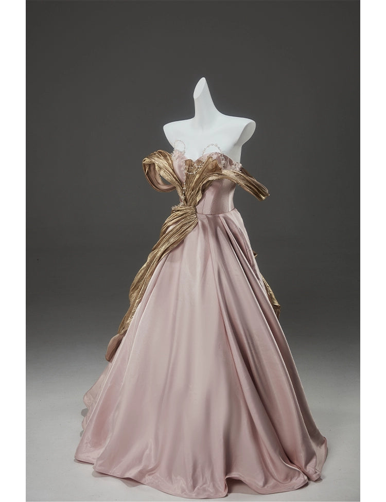 Stunning Elegance Off-Shoulder Gown with Golden Draping