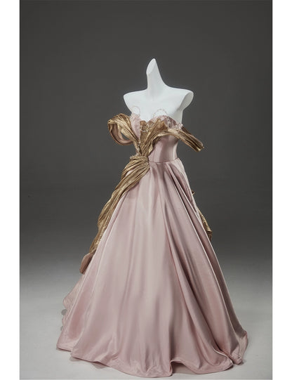 Stunning Elegance Off-Shoulder Gown with Golden Draping