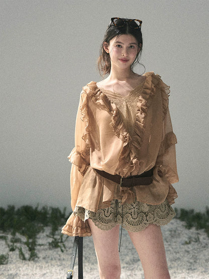 French Ruffle Lace Chiffon Blouse