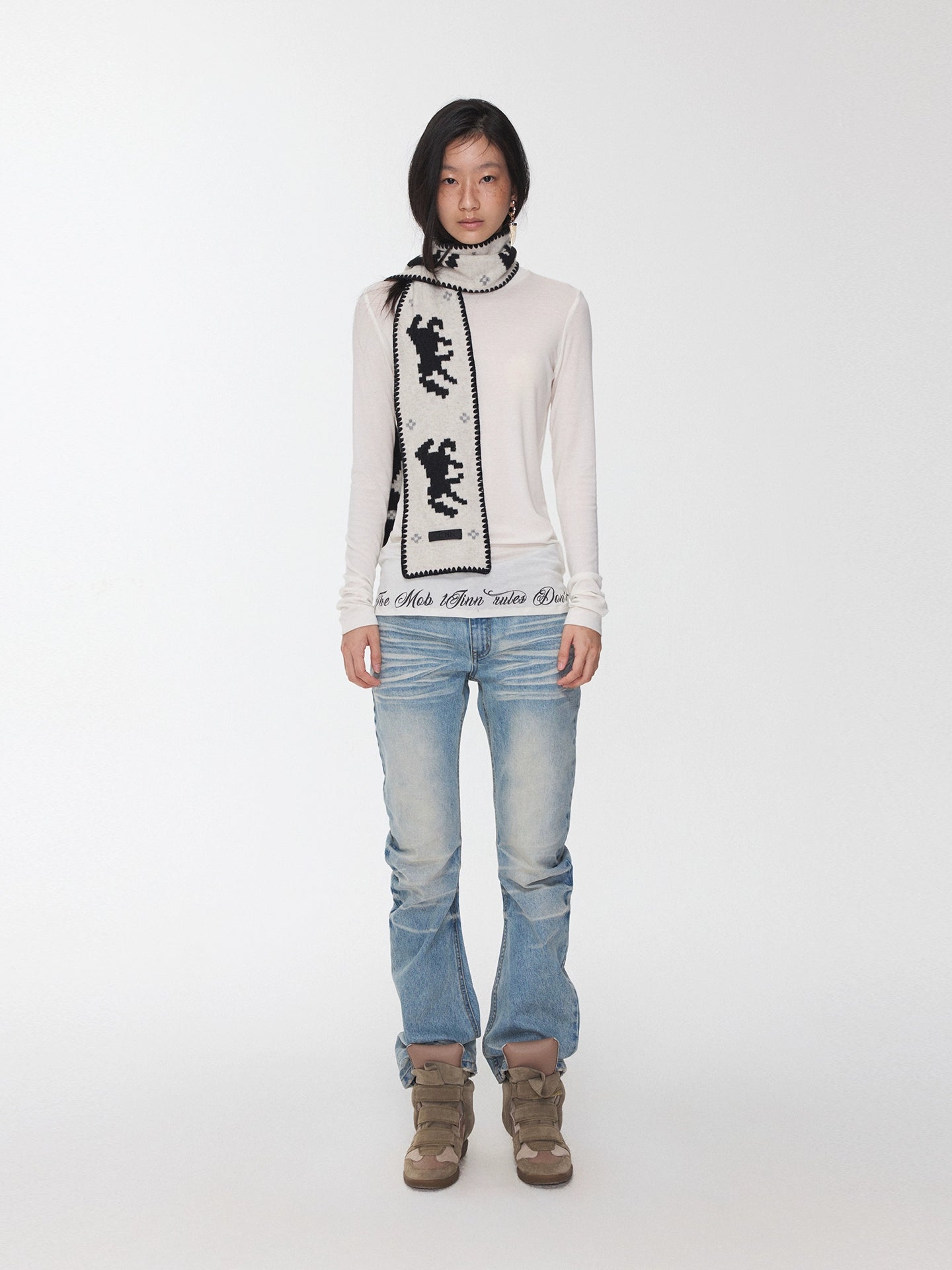 Basic Round-Neck Letter Print Semi-Sheer T-Shirt