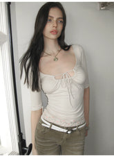 The NeverMore Vintage Embroidered Ruched Scoop-Neck Top NeverMore