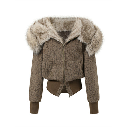 Vintage Leopard Print Faux Fur Hooded Jacket