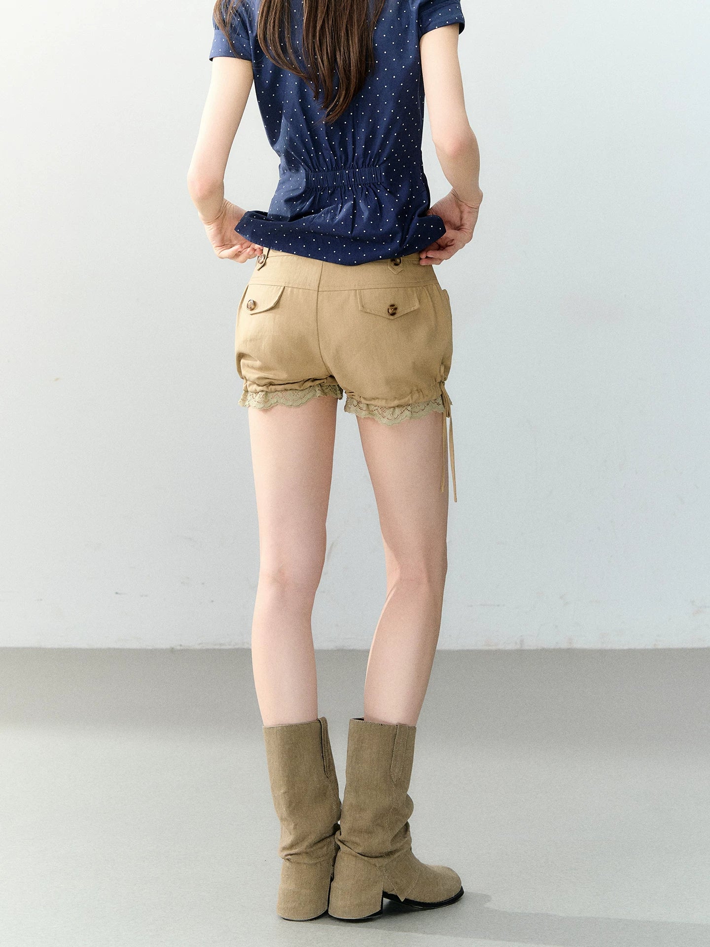Khaki Lyocell Lace-Trim Tie Lantern Shorts