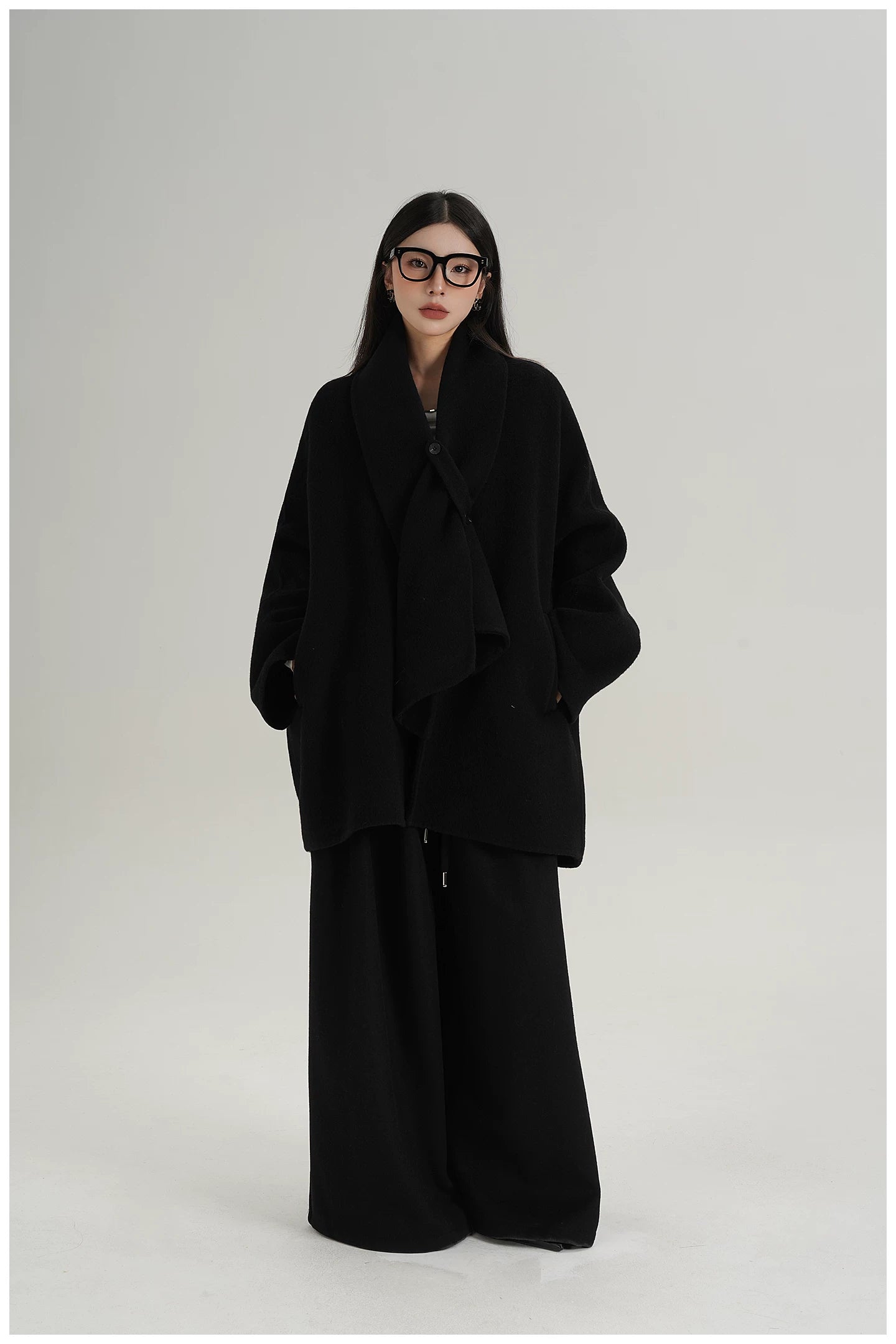 Scarf-Detail Mid-Length Wool Jacket