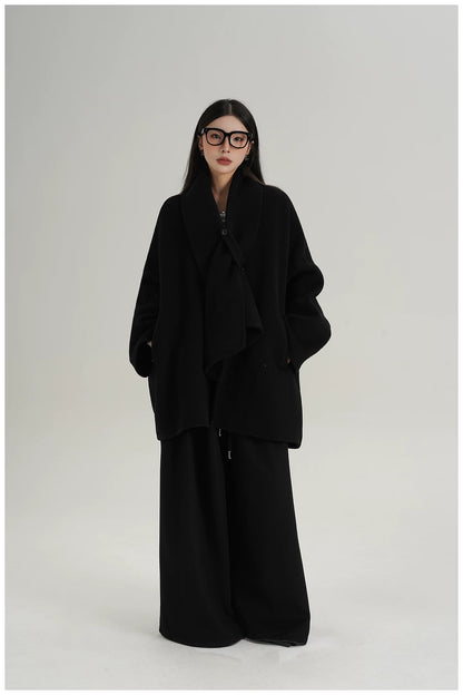 Scarf-Detail Mid-Length Wool Jacket