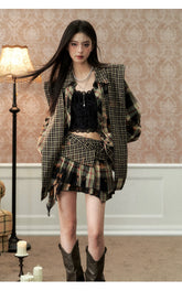 Washed Distressed Plaid Shirt & Skirt Set - CHINASQUAD