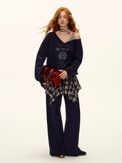 Asymmetric Shoulder Striped Fleece Tracksuit Set