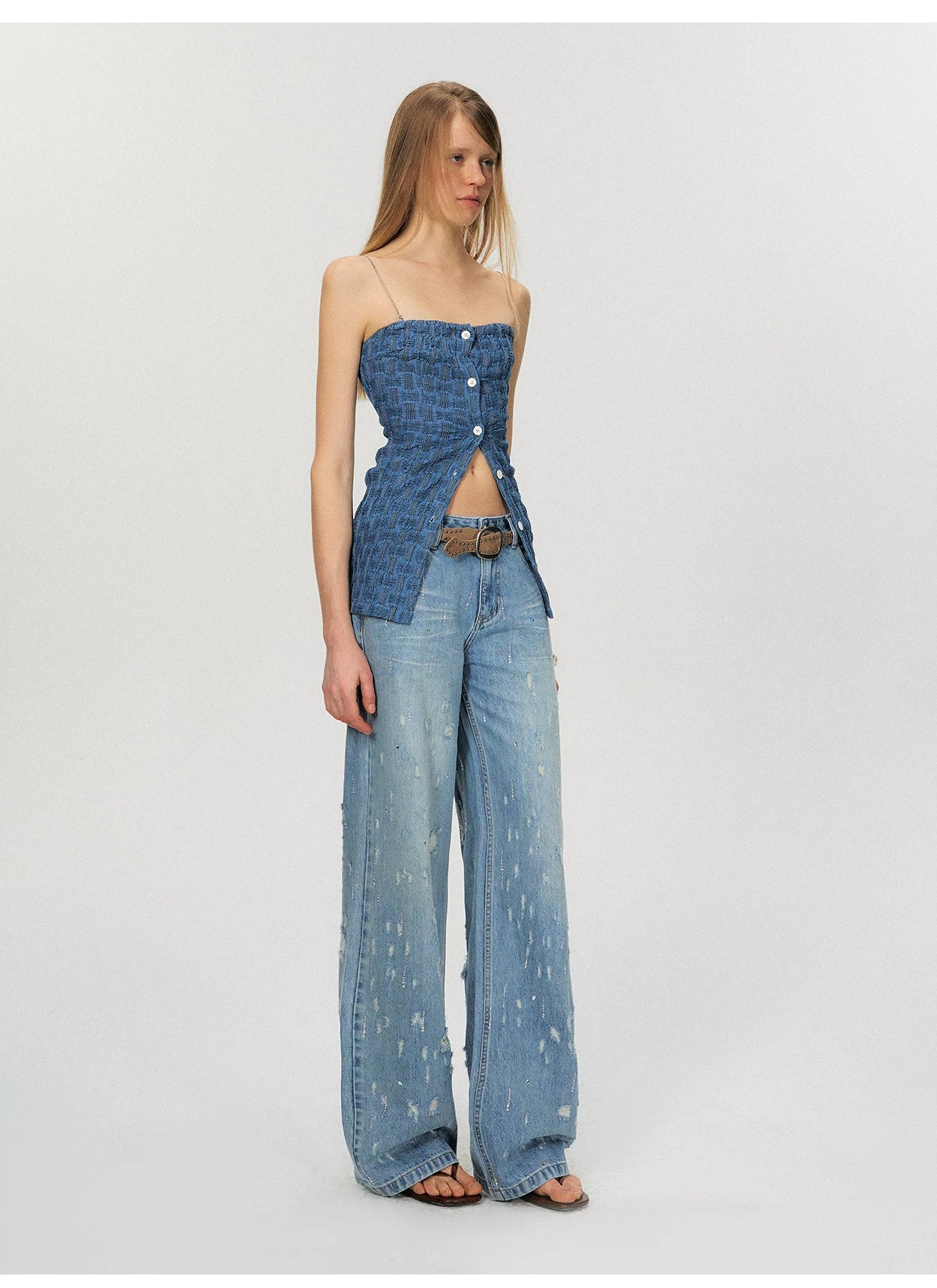 Vintage Washed Blue Rhinestone Embellished Straight-Leg Denim Trousers