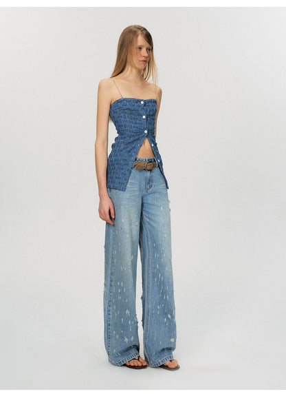 Vintage Washed Blue Rhinestone Embellished Straight-Leg Denim Trousers