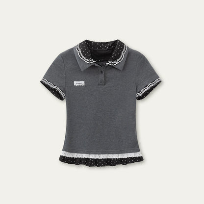 Vintage Layered Polka Dot Collar Knit Polo Tee