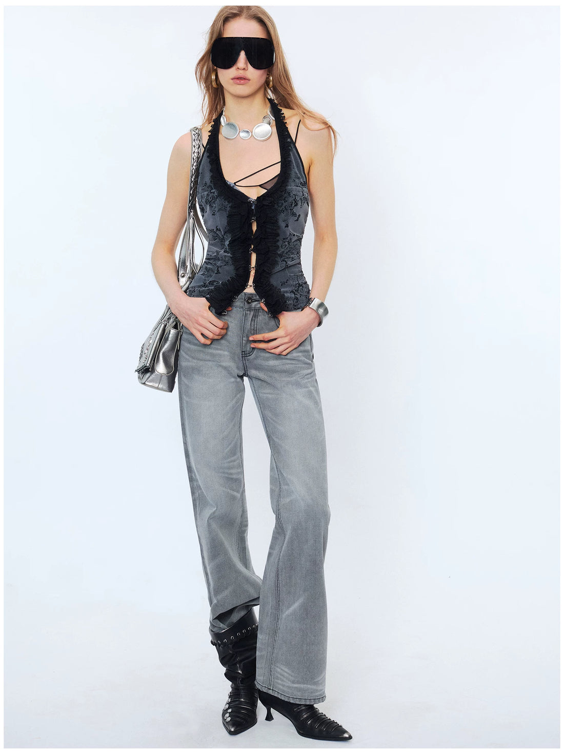 Lace Ruffle Floral Halterneck Camisole