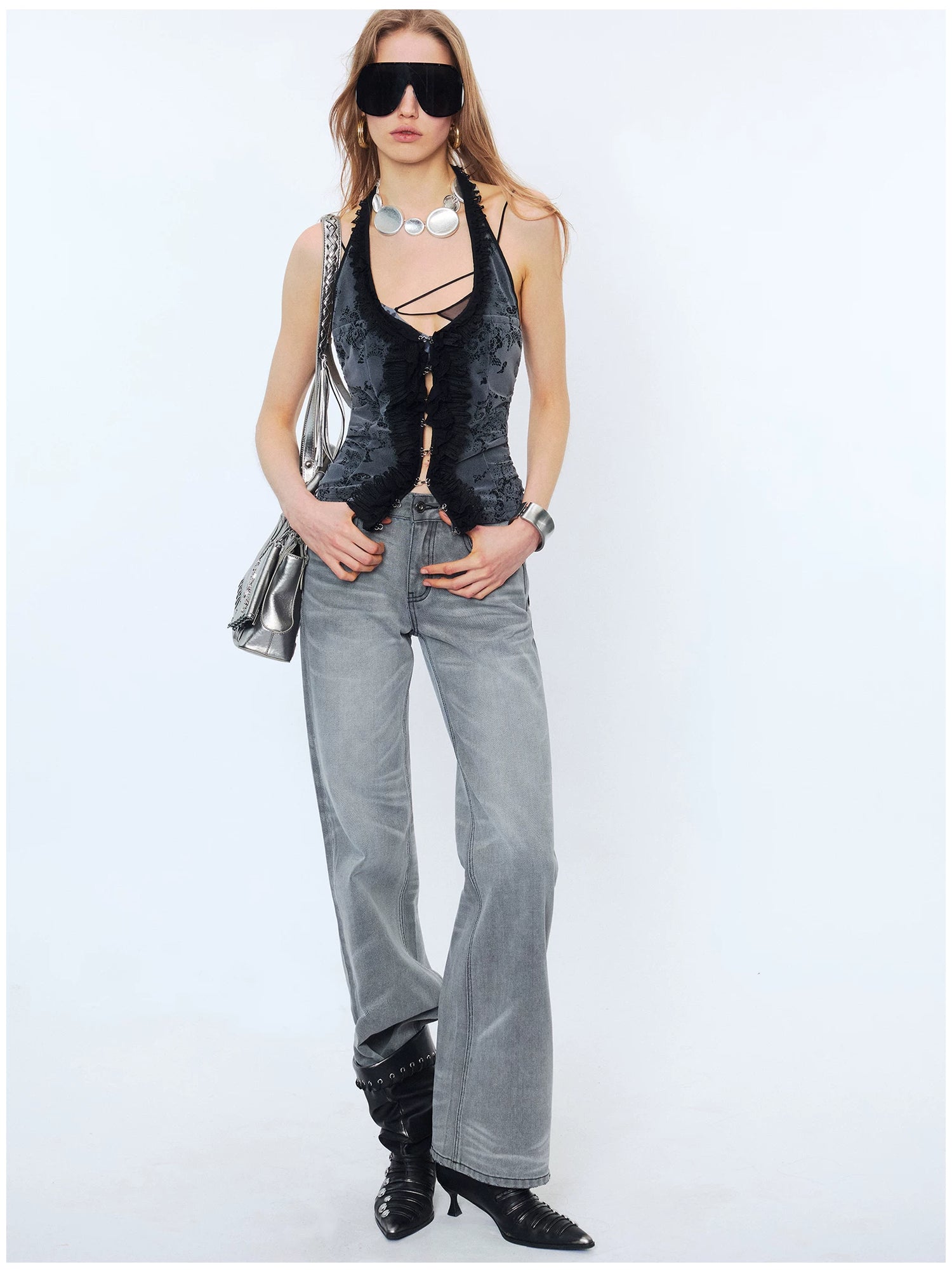 Lace Ruffle Floral Halterneck Camisole