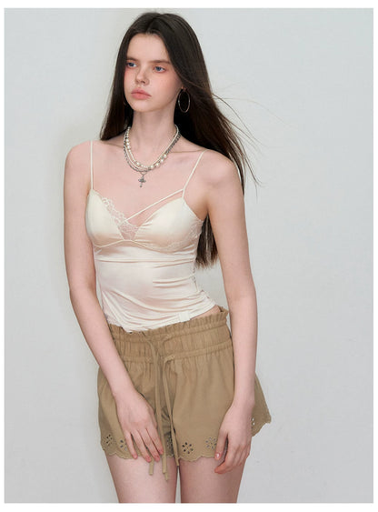 Double-Waistband Embroidered Straight Shorts