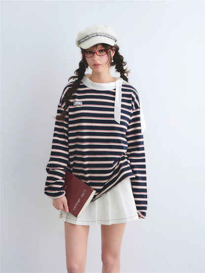 Contrast Tie Collar Striped Relaxed Long Sleeve T-Shirt