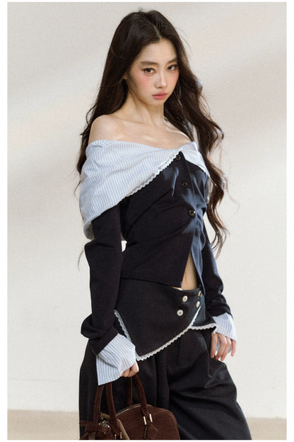 Off-Shoulder Striped Lapel Blouse &amp; Pants Set