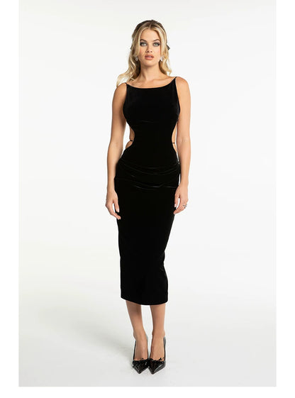 Crystal-Trim Velvet Backless Dress