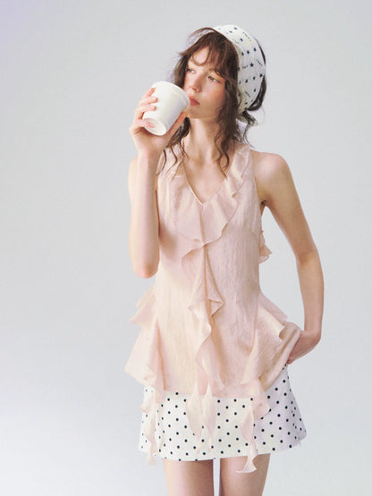 Elegant Linen-Blend Ruffled Halter V-Neck Top