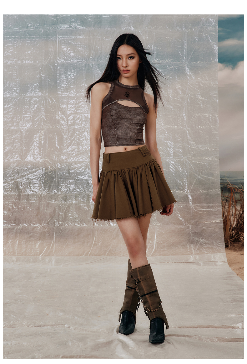 Patchwork Frayed Pleated Mini Skirt - CHINASQUAD