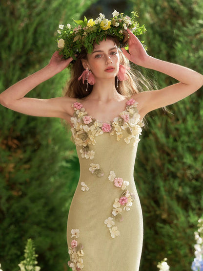 French Couture Floral Knit Split Slip Dress