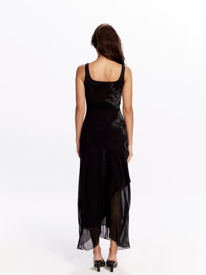 Noir Dragon Crystal Mesh Maxi Dress